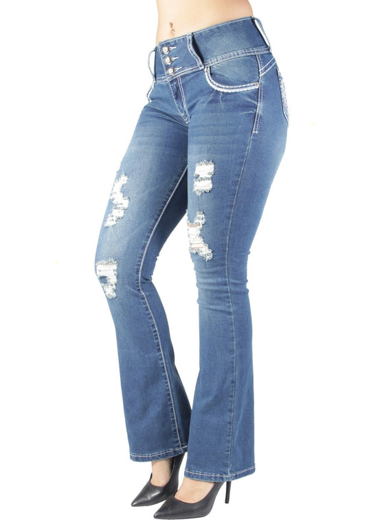 Butt Lift Mid Waist Ripped Distressed Boot Leg Jeans (DJ3638-BT)