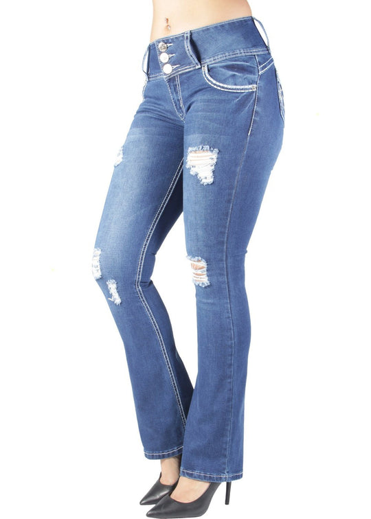 Butt Lift Mid Waist Ripped Distressed Boot Leg Jeans (DJ3666-BT)