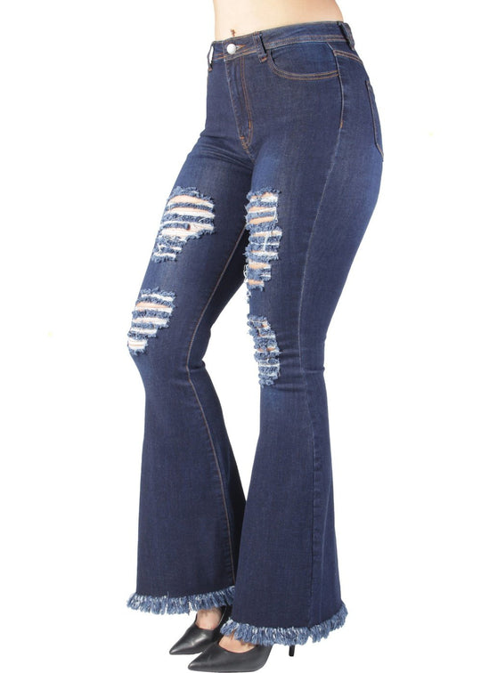 Bell Bottom Ripped Distressed High Waist Flared Stretch Jeans (HY-04)