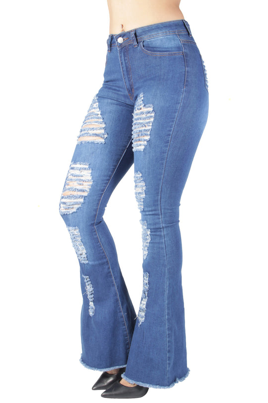 Bell Bottom Ripped Distressed High Waist Flared Stretch Jeans (HY-326)