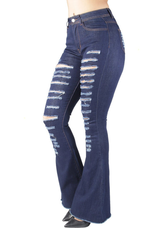Bell Bottom Ripped Distressed High Waist Flared Stretch Jeans (HY-328)