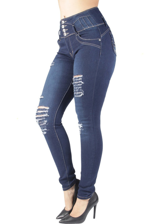 Butt Lift Push Up Mid Waist Ripped Distressed Skinny Jeans (MIC-464SN)