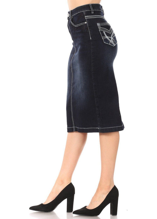 Calf  Length Pencil Stretch Denim Skirt (77854-SKT)