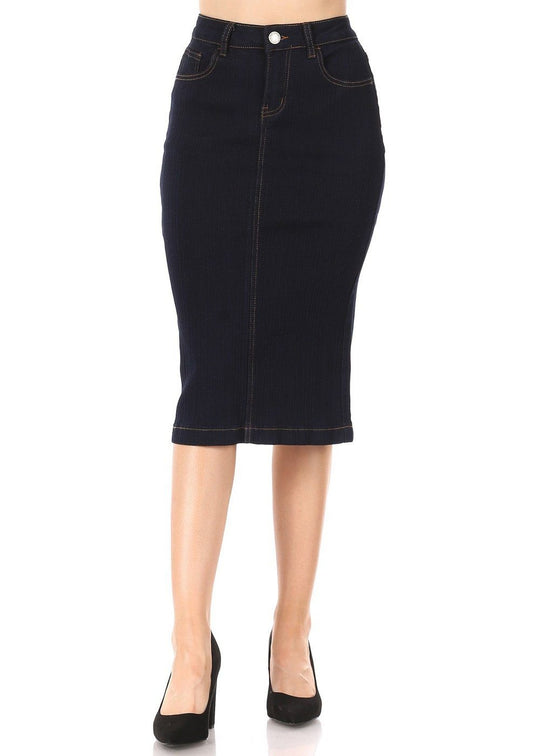 Calf  Length Pencil Stretch Denim Skirt (77947-SKT)