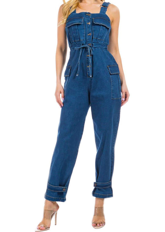Adjustable Straps Belted Sleeveless Denim Jumper Overalls (SLW8603-JUMP)