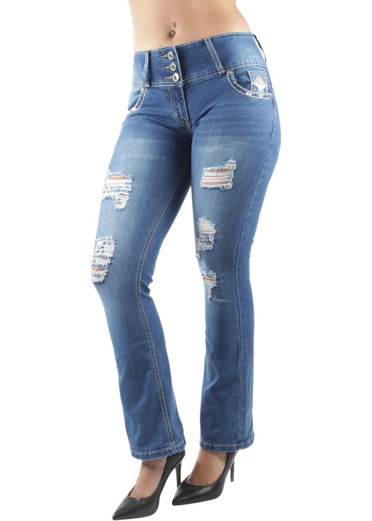 Butt Lift Push Up Mid Waist Ripped Distressed Boot Leg Jeans (DJ3323-BT)