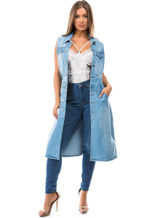 Premium Denim Trucker Dress  Long Sleeveless Jacket (WA914G)