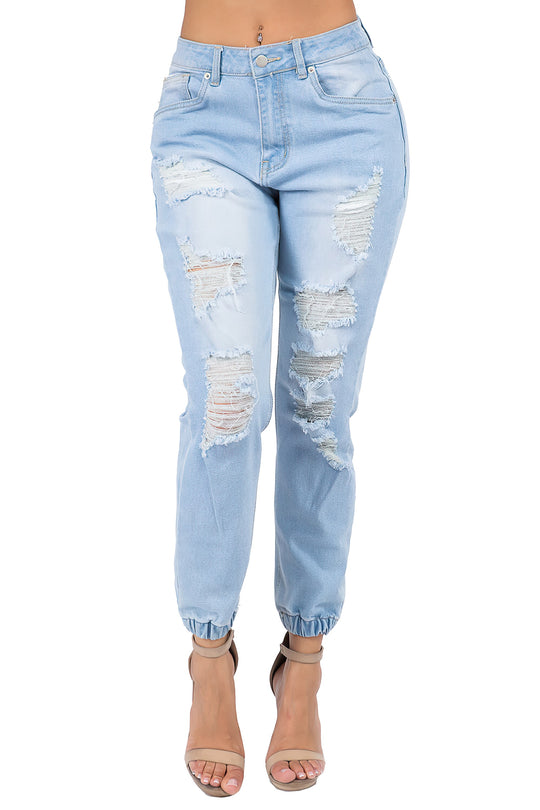 High Waist Distressed Elastic Cuffed Denim Joggers (RJJ-3813)