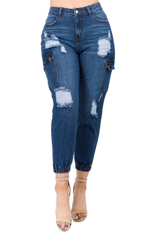 High Waist Ripped Distressed Cargo Denim Jogger (RJJ-5103)