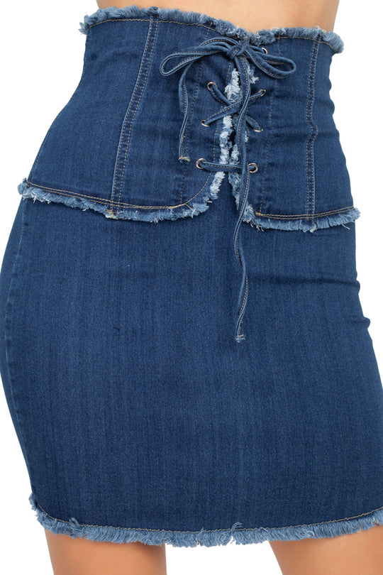 High Waist Distress Accent Mini Stretch Denim Skirt (DSK-0300)