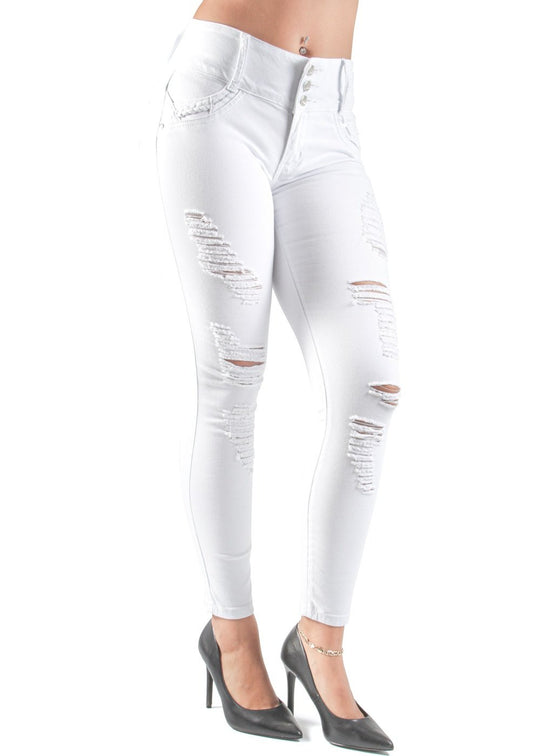 Butt Lift Push Up Mid Waist Ripped Distressed Skinny Jeans (9A796)