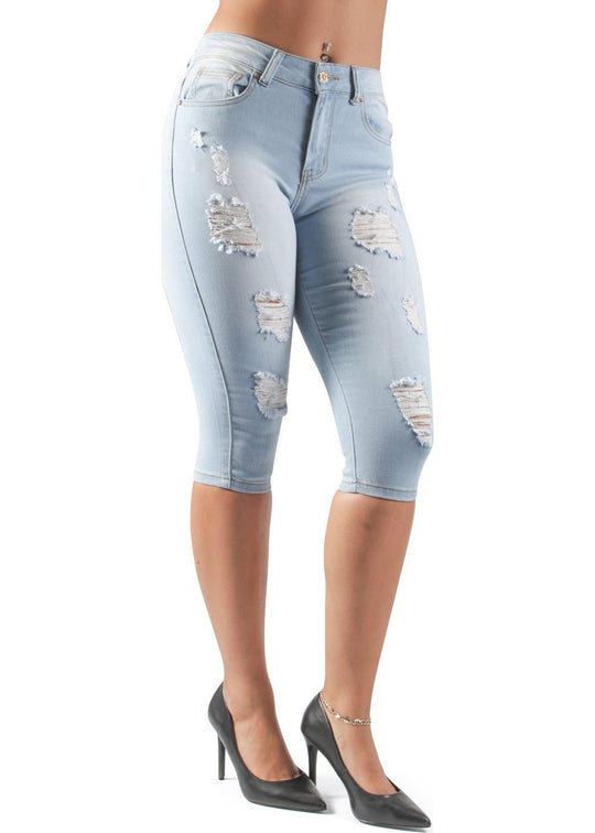 Destroyed Ripped Stretch Denim Capri Shorts (DSJ-C1055)