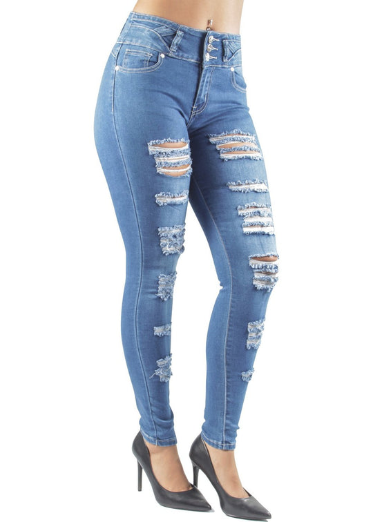 Butt Lift Push Up Mid Waist Ripped Distressed Skinny Jeans (SH270-RIP)