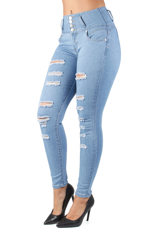 Butt Lift Push Up Mid Waist Ripped Distressed Skinny Jeans (H127)