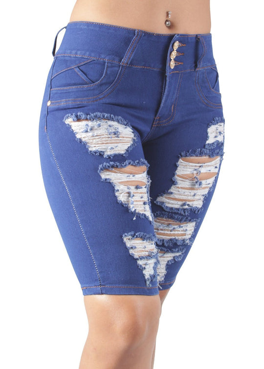 Mid Waist Butt Lift Push Up Ripped Distressed Bermuda Shorts (B9100-BERM)