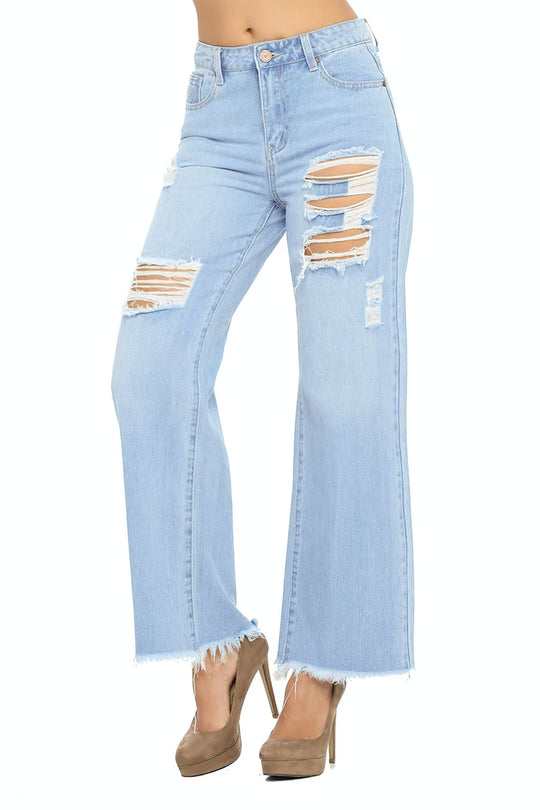 High Rise Ripped Destroyed Straight Wide Leg Jeans (JP0757-WD)