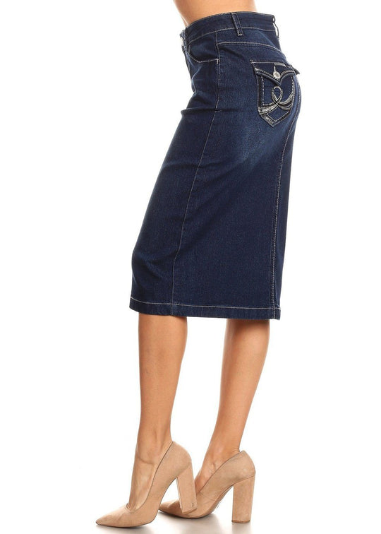 Calf  Length Pencil Stretch Denim Skirt (77517-SKT)