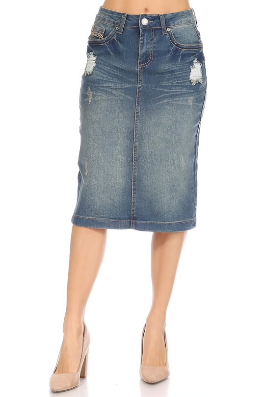 Calf  Length Ripped Pencil Stretch Denim Skirt (77989-SKT)