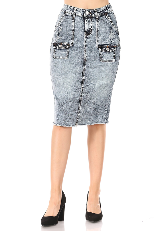 Ripped Middle Length Pencil Stretch Denim Skirt (78000-SKT)