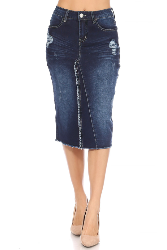 Calf  Length Ripped Pencil Stretch Denim Skirt (78008-SKT)