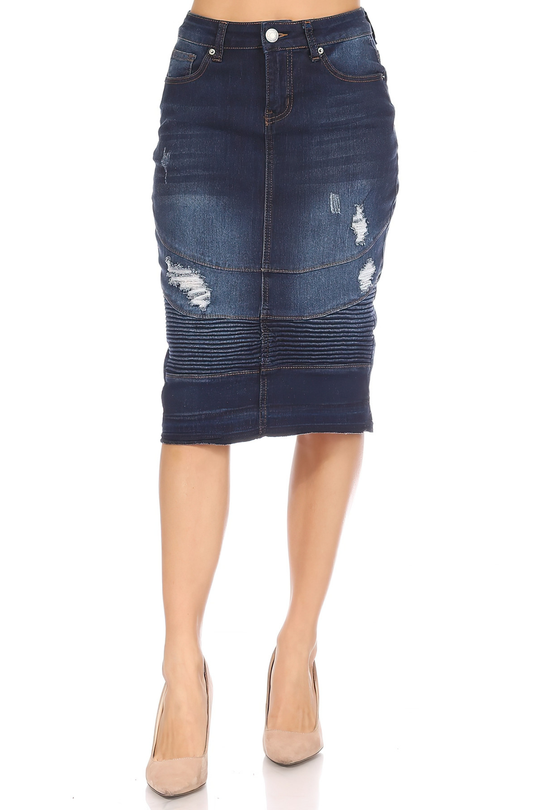 Calf  Length Ripped Pencil Stretch Denim Skirt (78021-SKT)