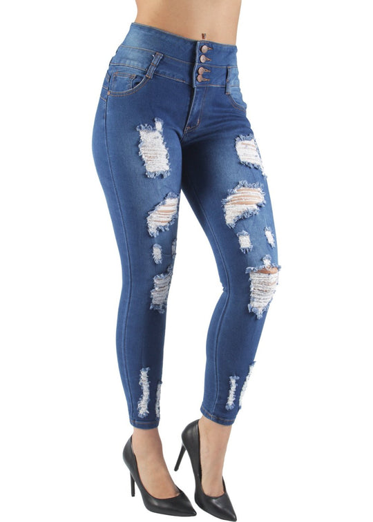 Butt Lift Push Up Mid Waist Ripped Distressed Skinny Jeans (7W146S)