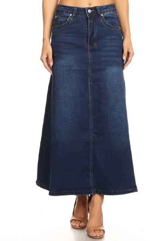 Mid Rise Aline Long Jeans Maxi Denim Skirt (SKIRT13)