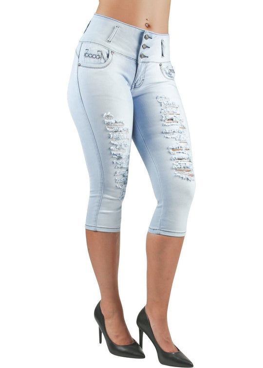 Colombian Destroyed Ripped Butt Lift Push Up Capri Shorts (DSJ-C3490)