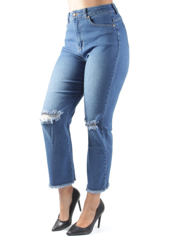 Momfit High Waist Ripped Destroyed Straight Leg Jeans (T2139)