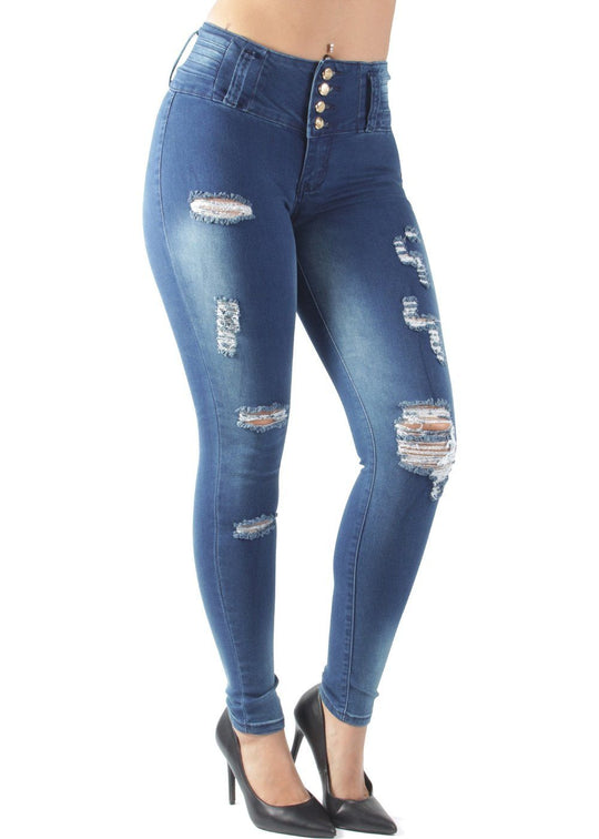 Butt Lift Push Up Mid Waist Ripped Distressed Skinny Jeans (MK144)