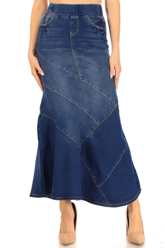 Elastic Waist Mermaid Shape Stretch Denim Long Skirt (87872-SKT)