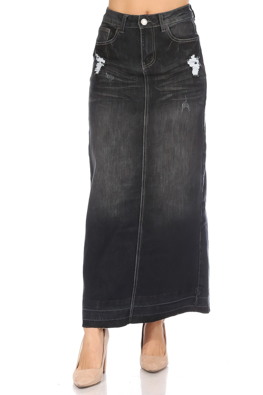 Long Aline Stretch Denim Ripped Maxi Skirt (87995-SKT)