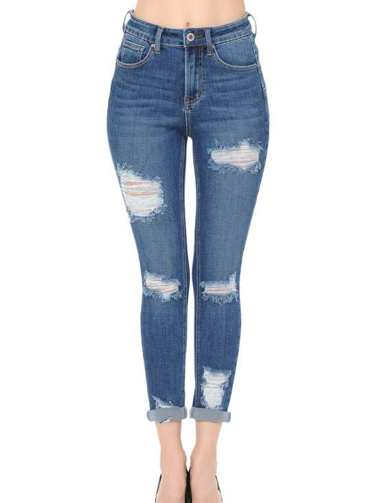 Butt Lift Push Up Mid Waist Ripped Cropped Skinny Jeans (90205)