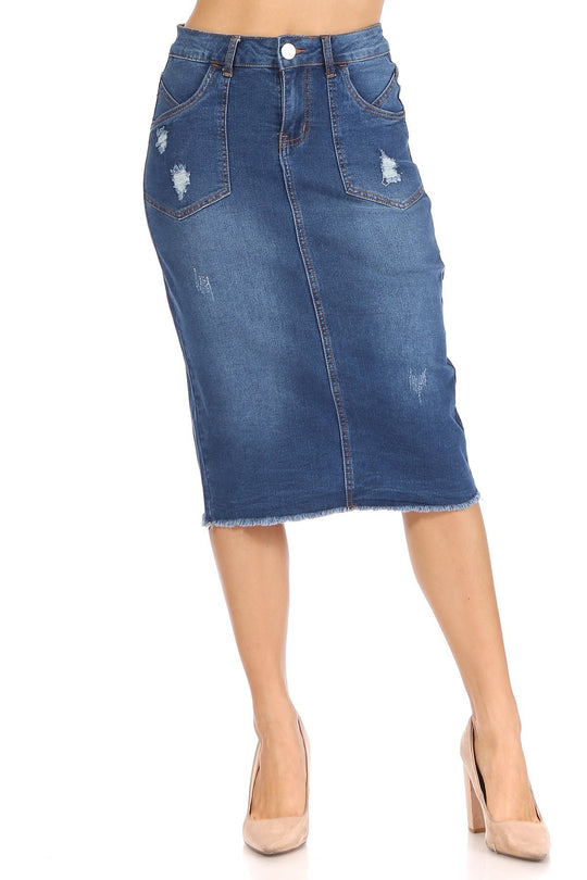 Middle  Length Stretch Denim Distressed Pencil Skirt (77996-SKT)