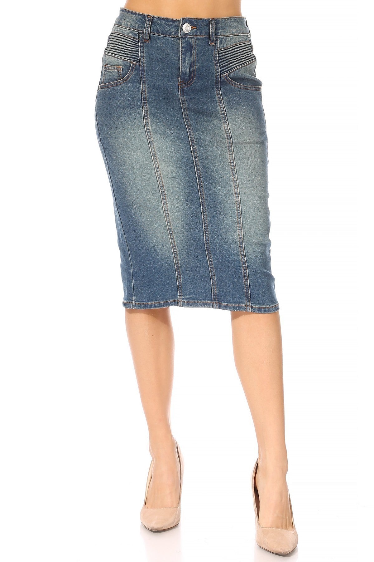 Buy Blue Denim Solid Knee Length Skirts for Women - Global Republic