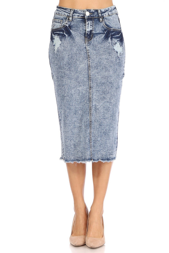 Middle  Length Stretch Denim Distressed Pencil Skirt (79036-SKT)