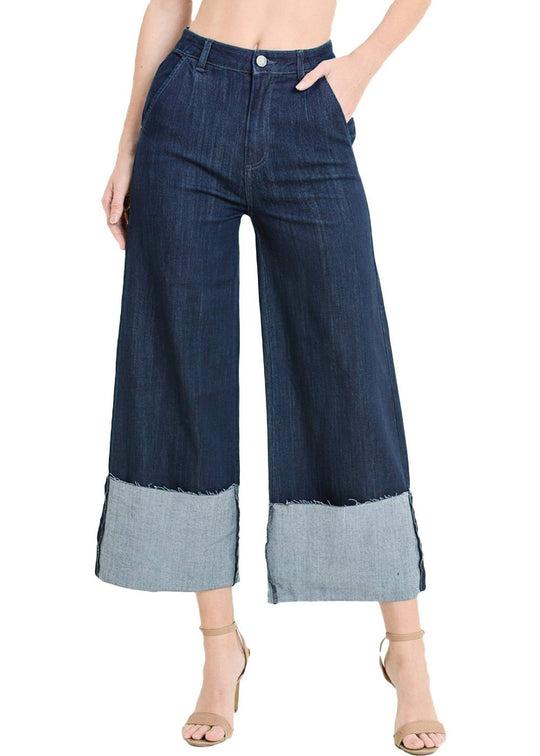 High Waist High Cuffed Denim Flared Jeans (CTB352)