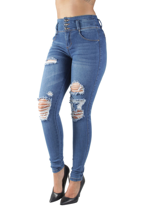 Butt Lift Push Up Mid Waist Ripped Distressed Skinny Jeans (CTP4037)