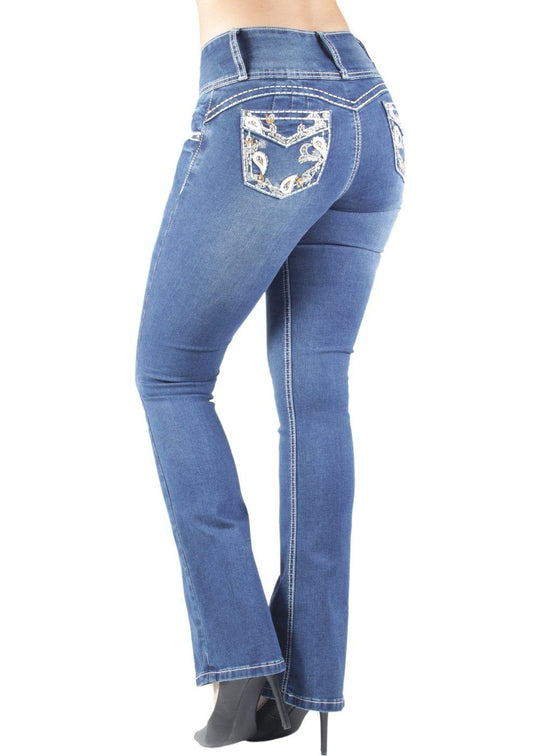 Colombian Design Butt Lift Push Up Mid Waist Boot Leg Jeans (DJ3522-BT)