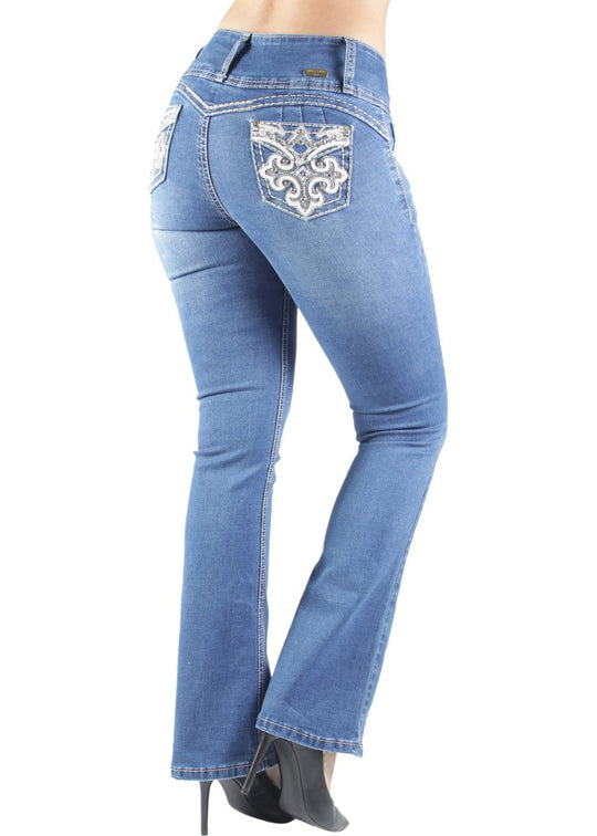 Colombian Design Butt Lift Push Up Mid Waist Boot Leg Jeans (DJ3578-BT)