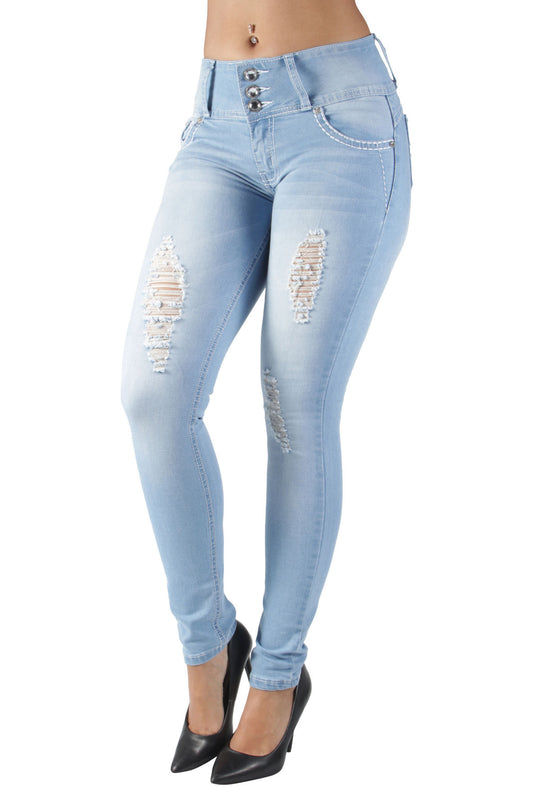 Butt Lift Push Up Mid Waist Ripped Distressed Skinny Jeans (DJ3597)