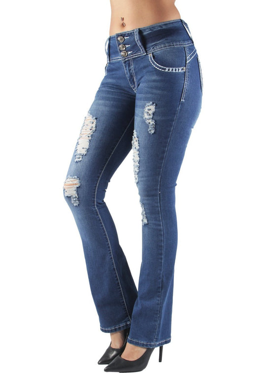 Butt Lift Push Up Mid Waist Ripped Distressed Boot Leg Jeans (DJ3671-BT)