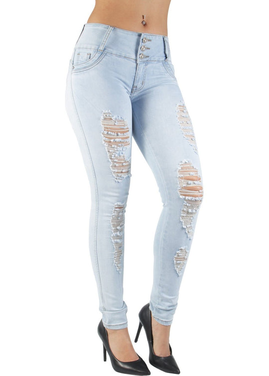 Butt Lift Push Up Mid Waist Ripped Distressed Skinny Jeans (DJ3680)