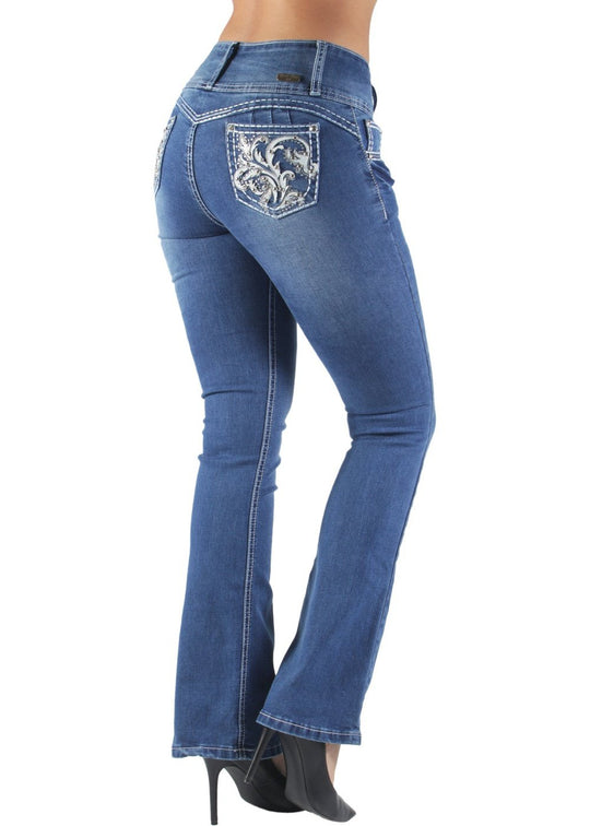 Colombian Design Butt Lift Push Up Mid Waist Boot Leg Jeans (DJ3692-BT)