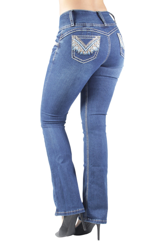 Colombian Design Butt Lift Push Up Mid Waist Boot Leg Jeans (DJ3693-BT)
