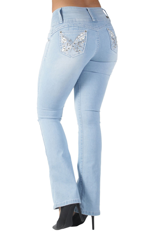 Butt Lift Mid Waist Ripped Distressed Boot Leg Jeans (DJ3700-BT)