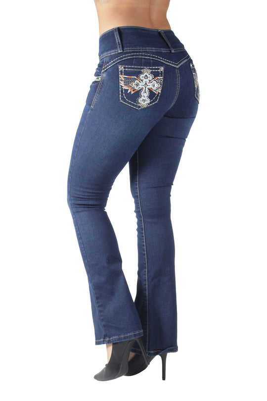 Colombian Design Butt Lift Push Up Mid Waist Boot Leg Jeans (DJ3701-BT)