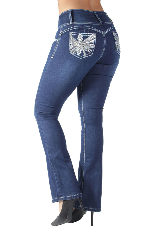 Colombian Design Butt Lift Push Up Mid Waist Boot Leg Jeans (DJ3702-BT)