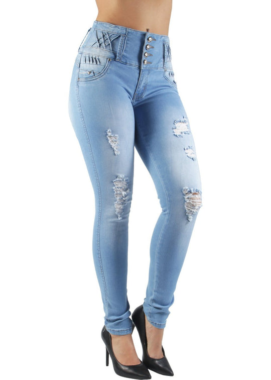 Butt Lift Push Up Mid Waist Ripped Distressed Skinny Jeans (DJ3708)