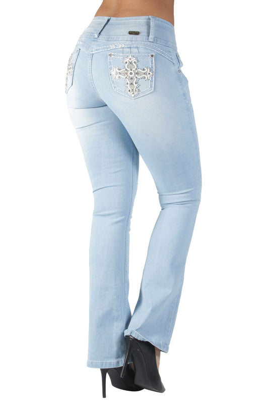 Butt Lift Push Up Mid Waist Ripped Distressed Boot Leg Jeans (DJ3720-BT)